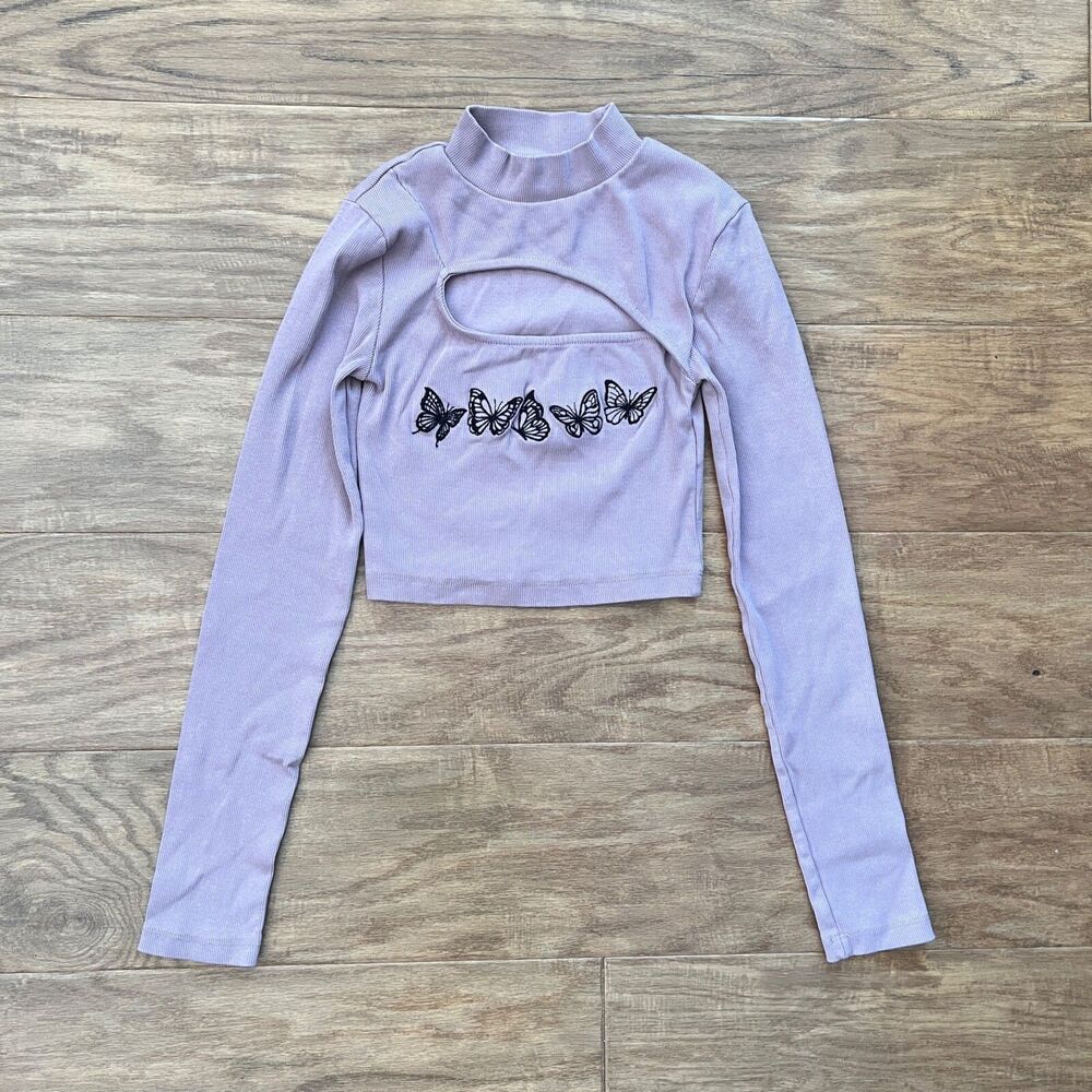 Urban Outfitters Crop Top Women's Size S Purple Butterfly Embroidered Cutout Y2K